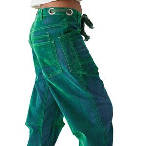 Free People We The Free Moxie Flocked Pull-On Barrel Jeans Kelly Green Size 27